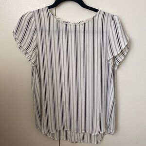 White & Black Stripped Button Down Back and Tulip Sleeve Loft Top